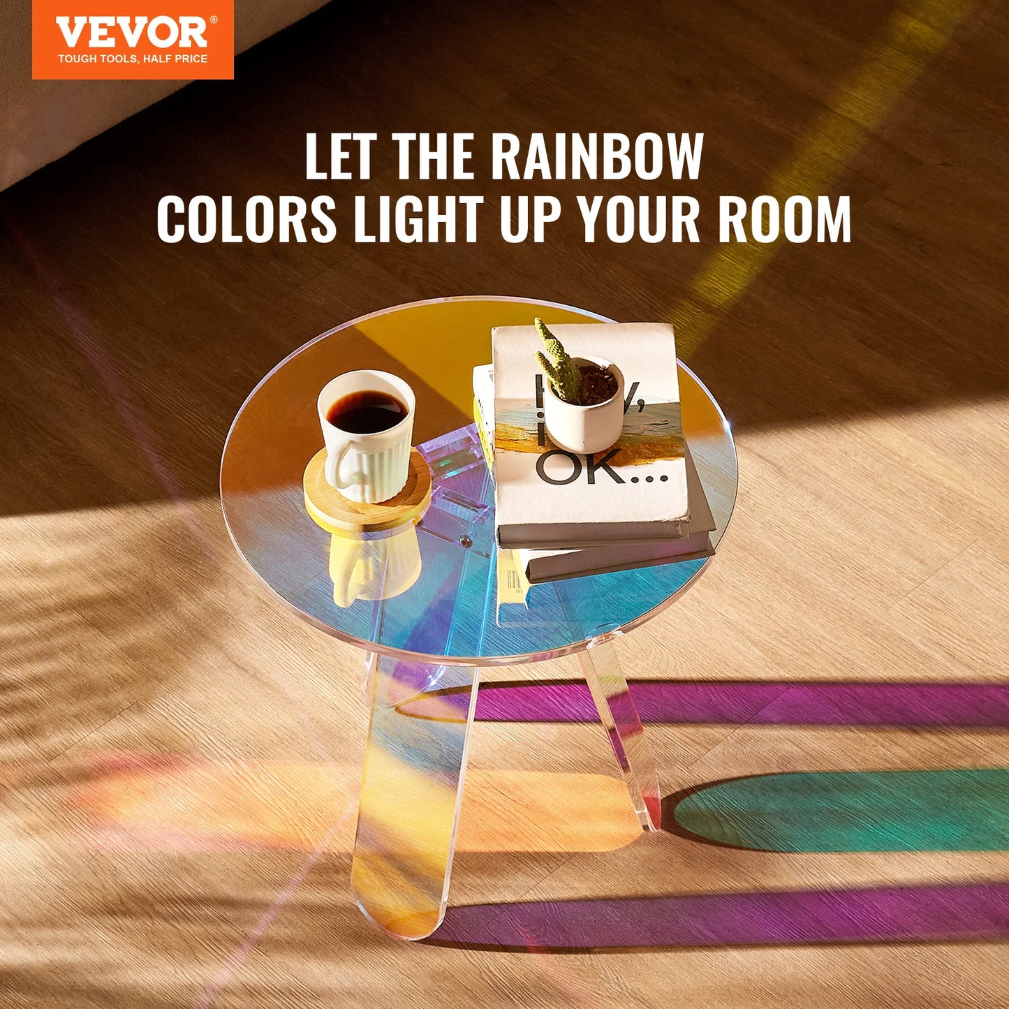 SucceBuy Round Iridescent Side Table Acrylic End Table Clear Rainbow Acrylic Coffee Table for Food Book Used in Living Room