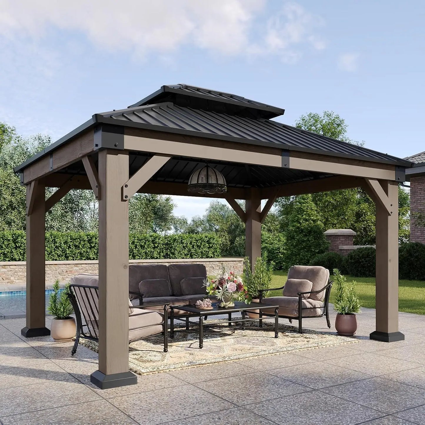 10x12 Outdoor Wooden Gazebo Hardtop Galvanized Steel Double Roof Patio Garden Deck Cedar Natural Custom