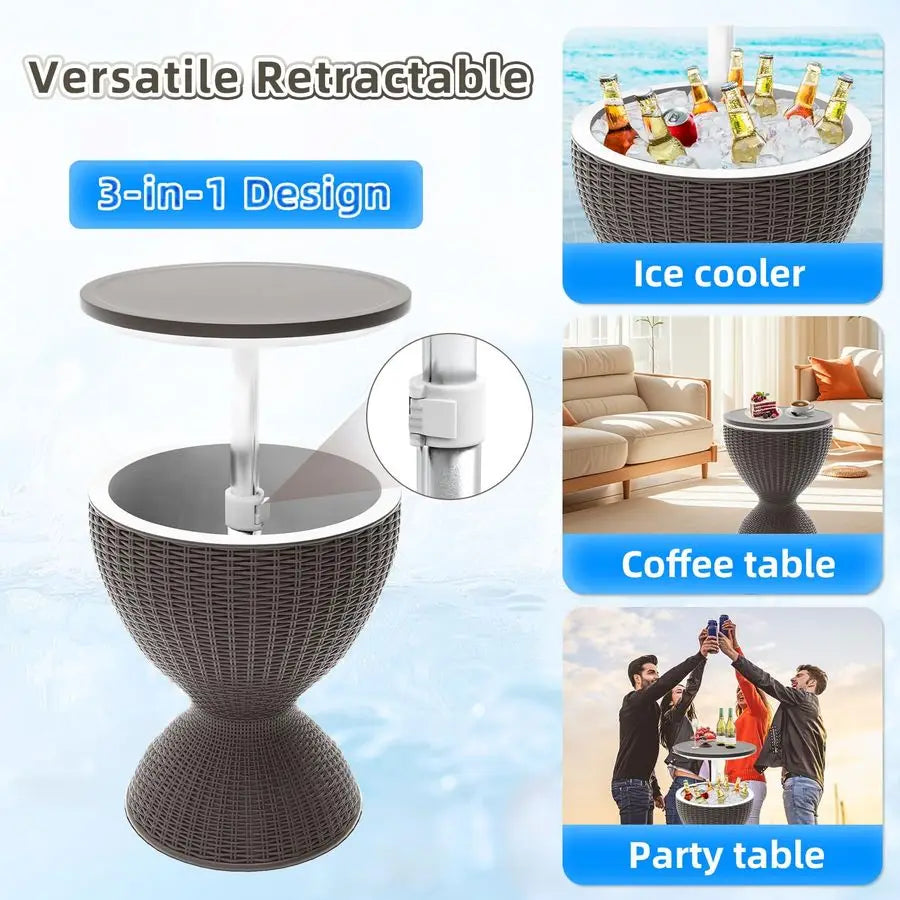 Patio Cool Bar Table, HeightAdjustable Outdoor Bar Tables 8 Gallon Beer and Wine Cooler, 3in1 Rattan Style Ice Cooler with Drai