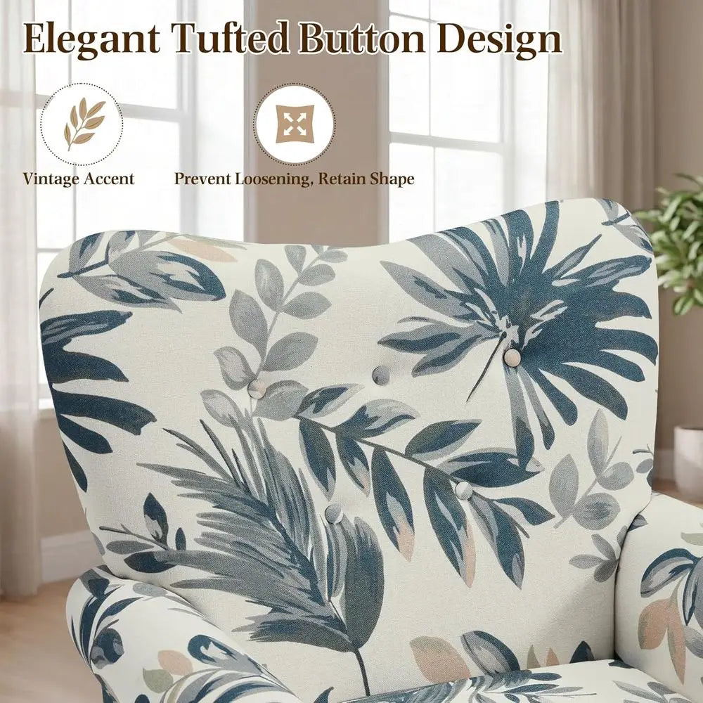 ern Accent Chair,High Back Armchair,Upholstered abric Button Single Soa with Wooden Legs or Living Room,Bedroom,Blue Leaves