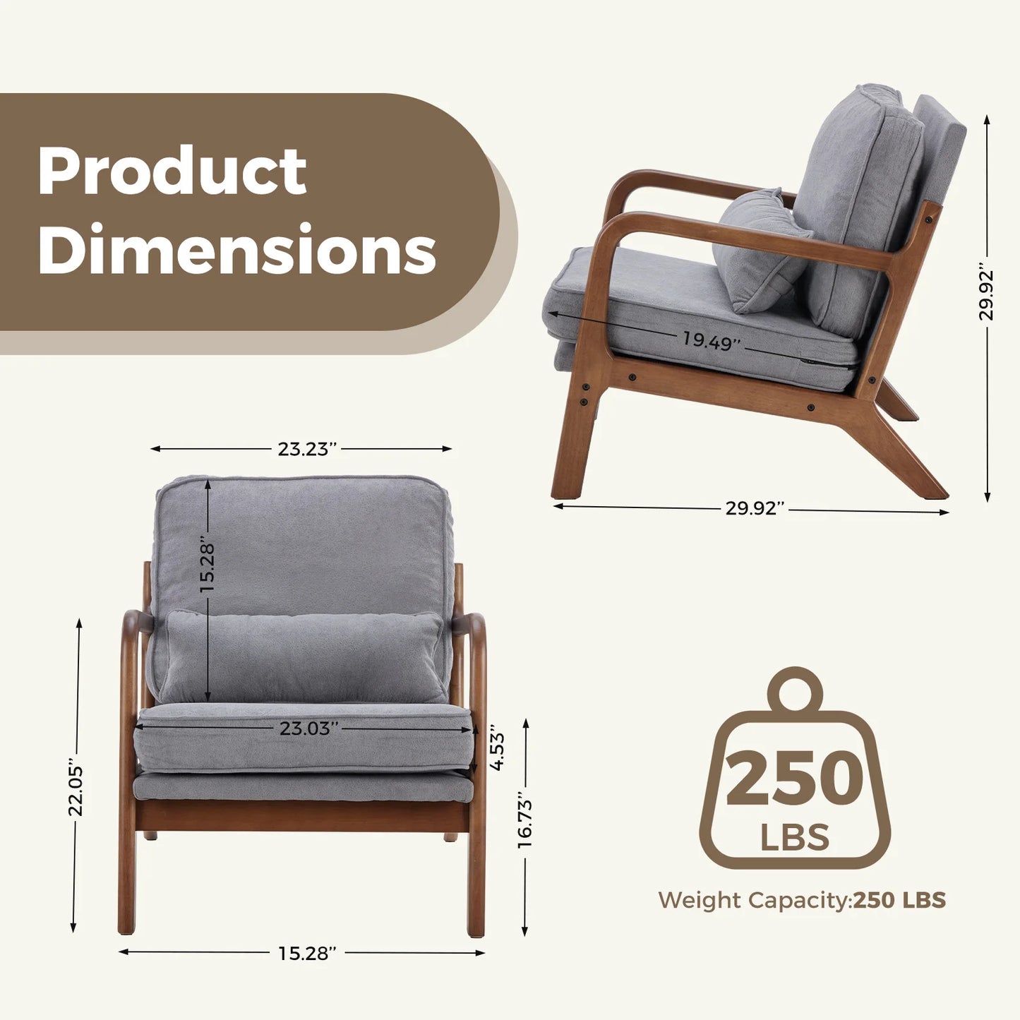 JHK Mid Century Modern Armchair With Wood Frame Cushion