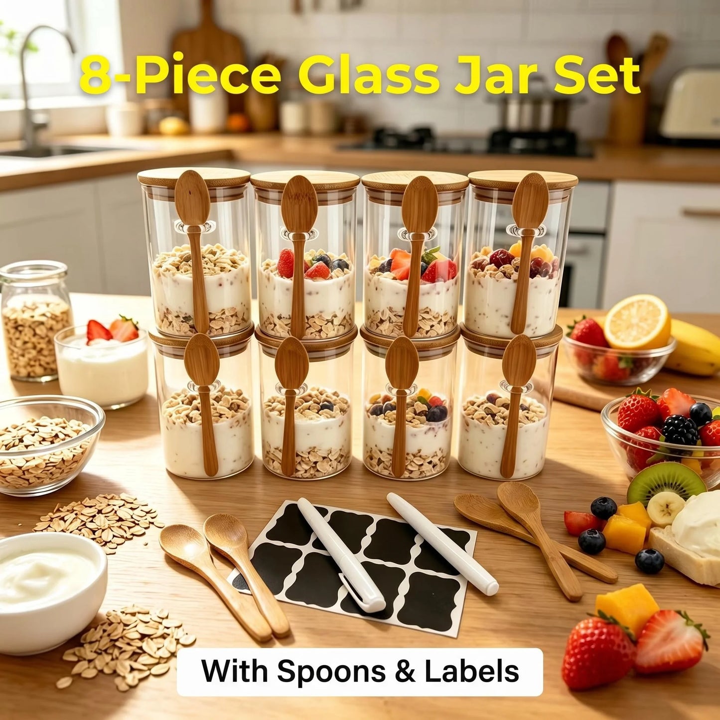 8 Pack Overnight Oats Glass Jars with Wooden Spoon, Airtight Glass Food Storage Containers, Reusable Yogurt Parfait Cups for Meal Prep, Cereal, Chia Pudding, Snack & Kitchen Pantry