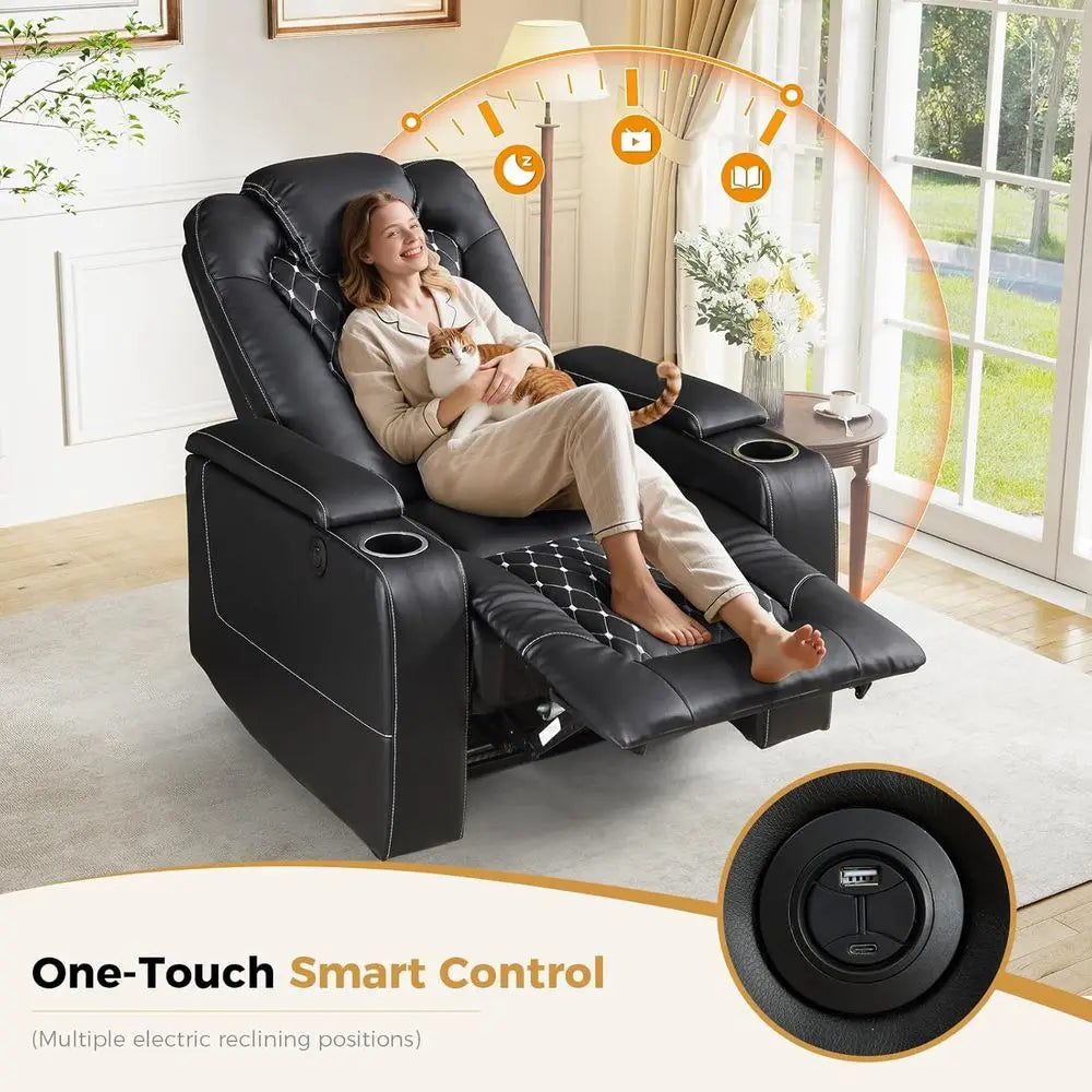 Black Leather Power Recliner with USB & Cup Holders, Home Theater Seating with Storage