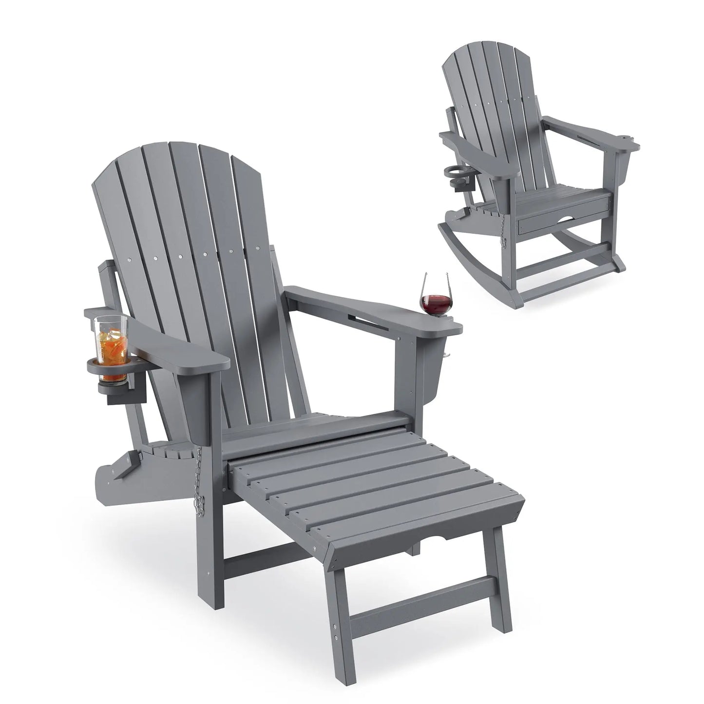 4-In-1 Adirondack Rocking Chair, HDPE All-Weather Folding Rocker With Retractable Ottoman Cup Holders, Outdoor Porch Patio Chair