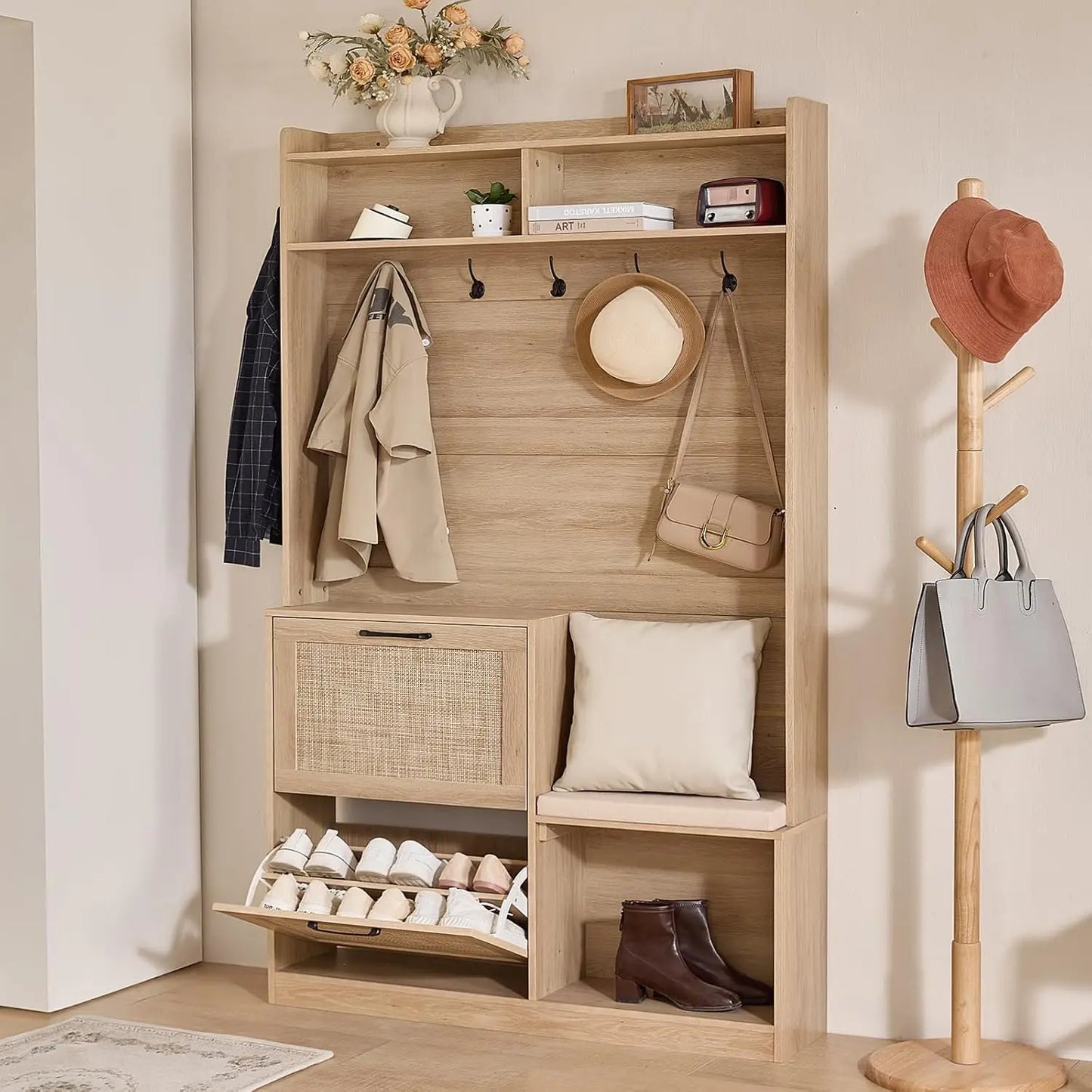 78" Tall Boho Hall Tree with Bench & Shoe Storage, 4-in-1 Mudroom Rattan Coat Rack with 2 Flip Drawers & Cushioned Stool