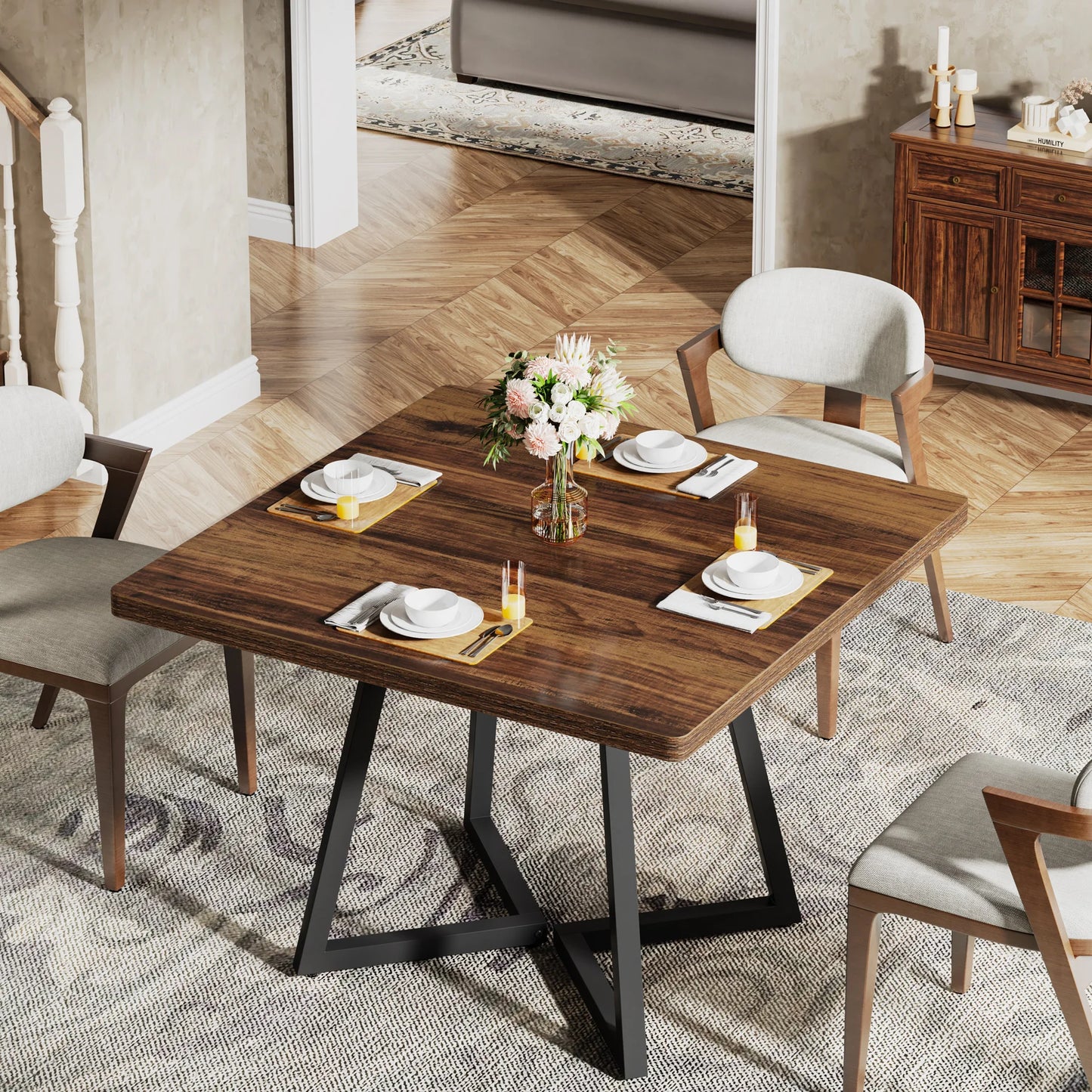 Tribesigns Industrial Square Dining Table With Metal Base Wooden Top