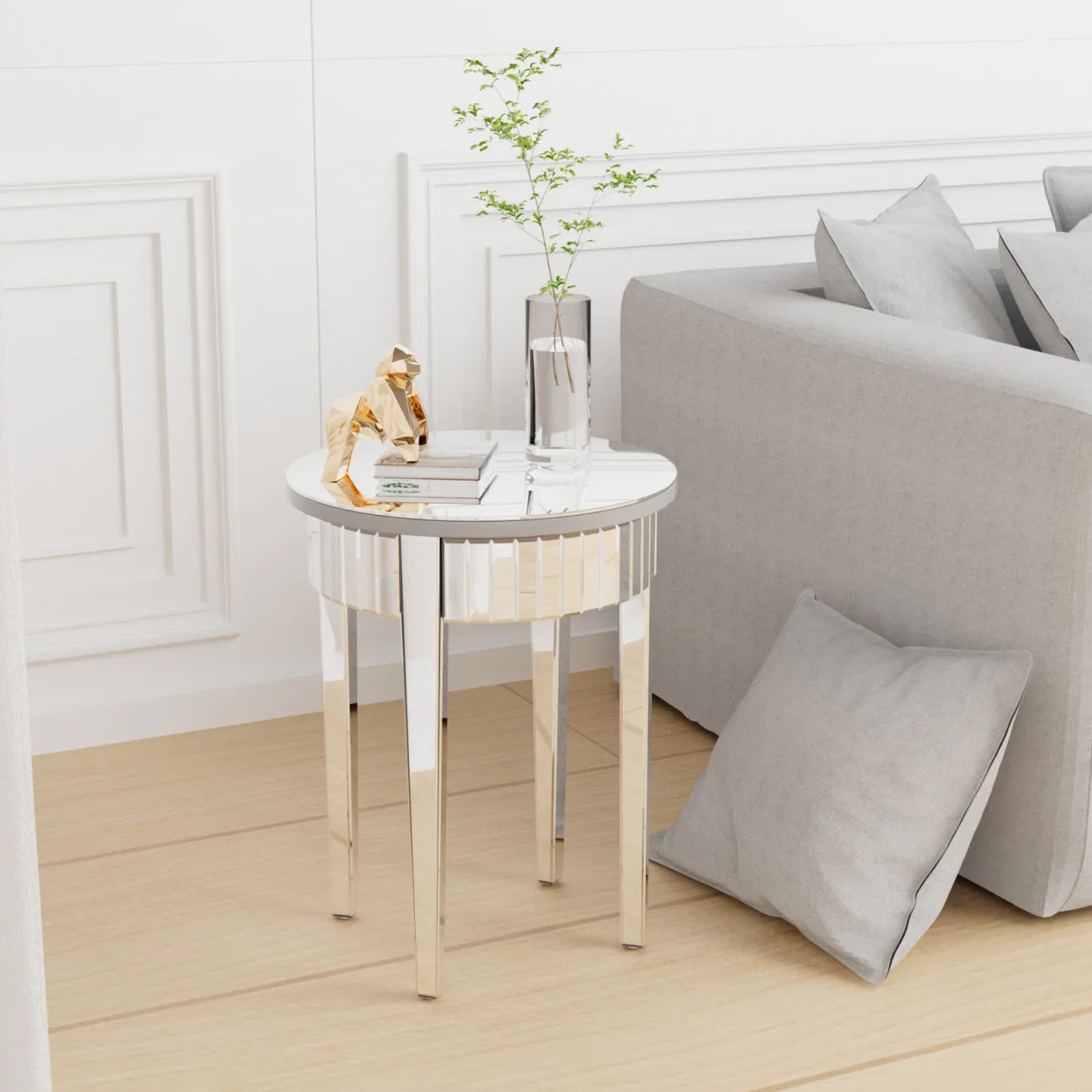Round Mirrored Side Table Modern Glass Accent For Living Room