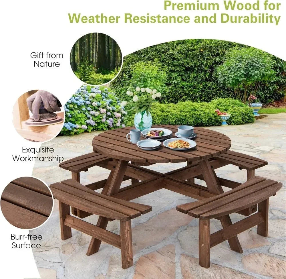 Outdoor Fir Wood Picnic Table Set With Benches And Umbrella Hole