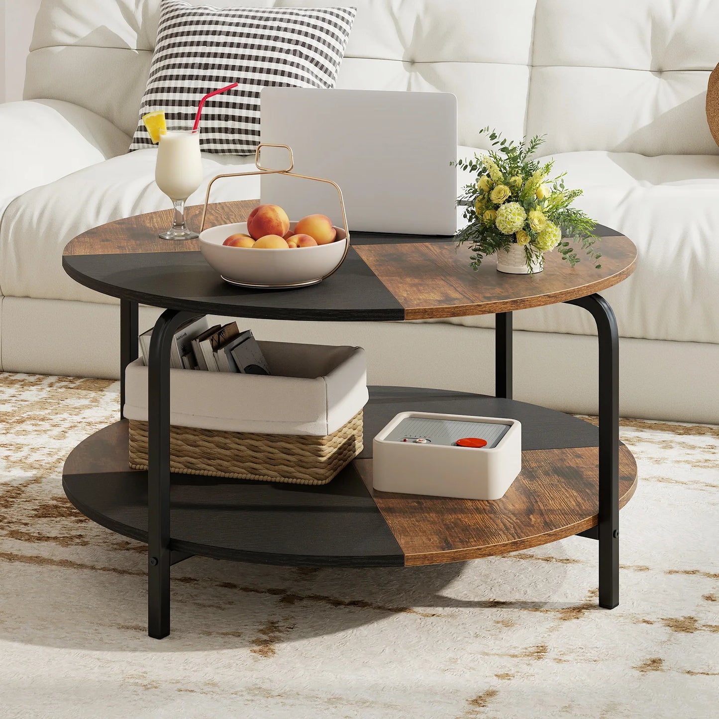 2-Tier Round Coffee Table w/ Storage Shelf, Metal Frame for Living Room Apartment
