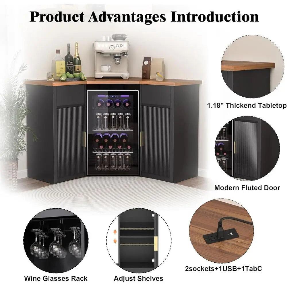 Bar Cabinet with ridge Space, Coee Bar Station with Storage, L Shaped Liquor Wine Cabinet or Home