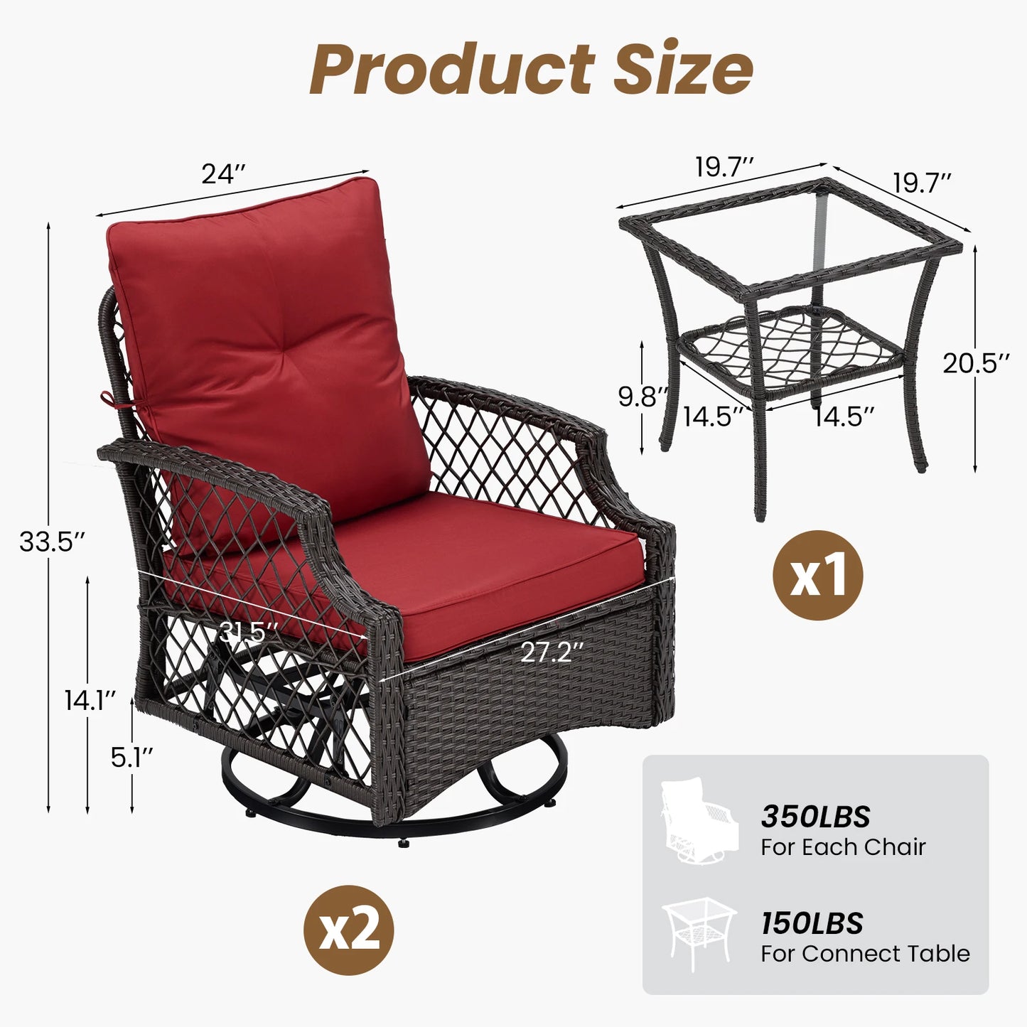 Farini 3-Piece Swivel Patio Bistro Set, Wicker Furniture, Swivel Glider Chairs with Cushions & Table,All-Weather Rattan, Porch