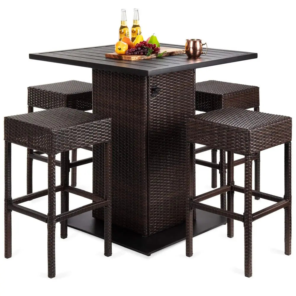 5Piece Outdoor Wicker Bar Table Set for Patio, Poolside, Backyard w Builtin Bottle Opener, Hidden Storage Shelf, Metal Tabletop