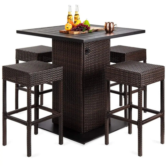 5Piece Outdoor Wicker Bar Table Set for Patio, Poolside, Backyard w Builtin Bottle Opener, Hidden Storage Shelf, Metal Tabletop