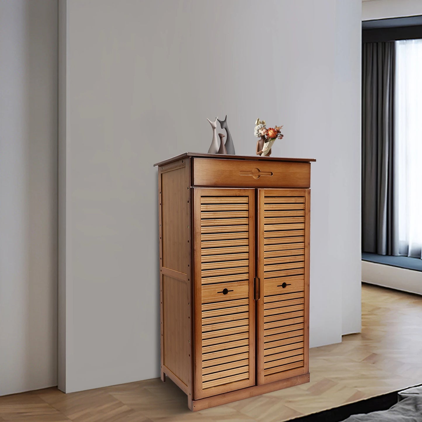 CNCEST 5-Tier Bamboo Shoe Rack with Drawer and Doors