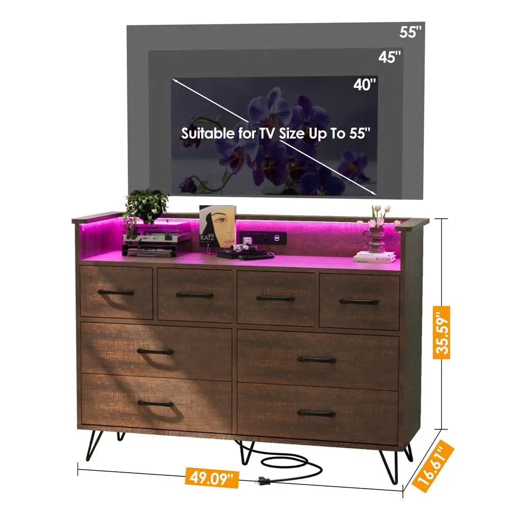 Dresser with Power Outlet and LED Lights, 8 Drawer Dresser for Bedroom, Modern Chest of Drawers with Gold Handles and Open Stor