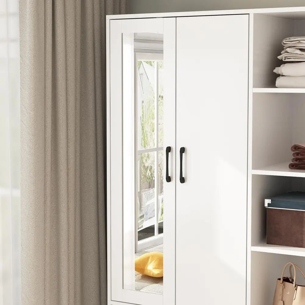 Wardrobe Armoire Wooden Closet with Mirror, 2 Doors, 2 Drawers, 4 Open Storage Cubes and Hanging Rod for Bedroom, White