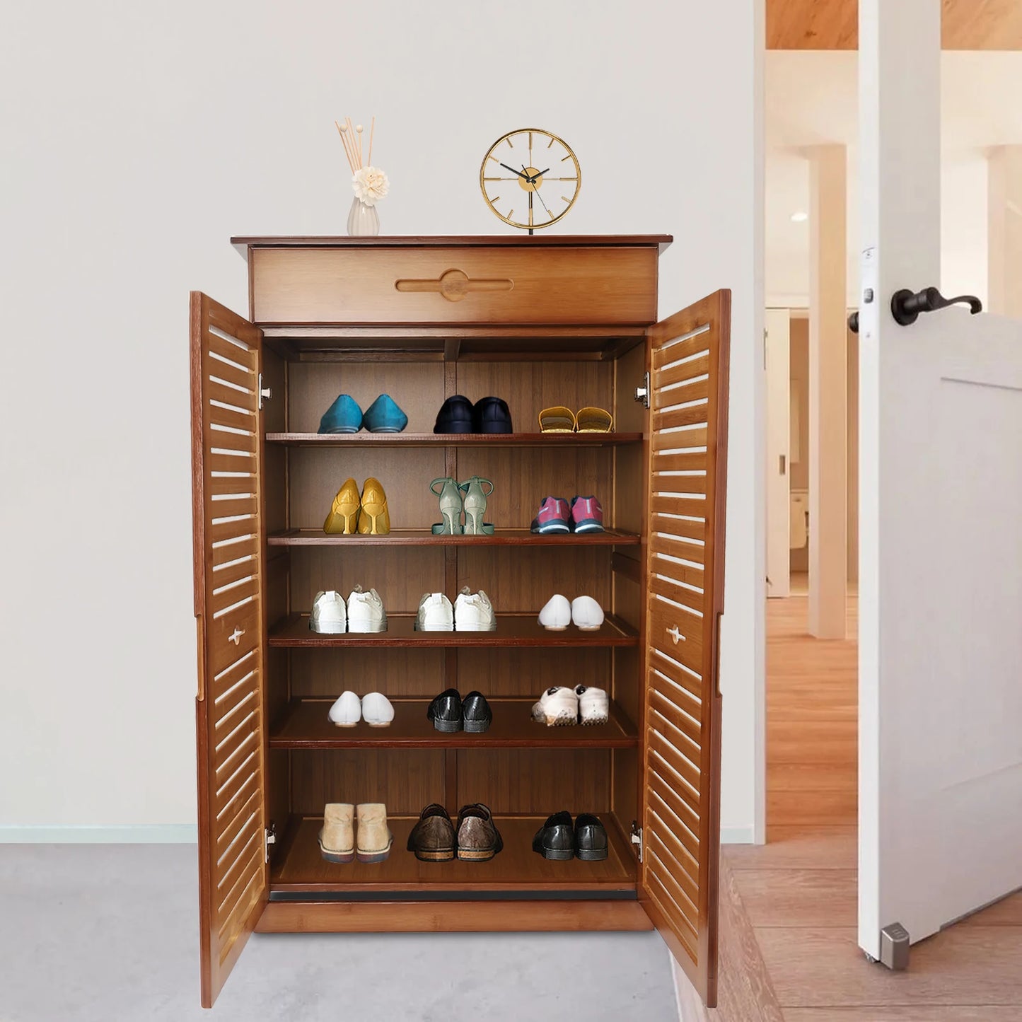 CNCEST 5-Tier Bamboo Shoe Rack with Drawer and Doors