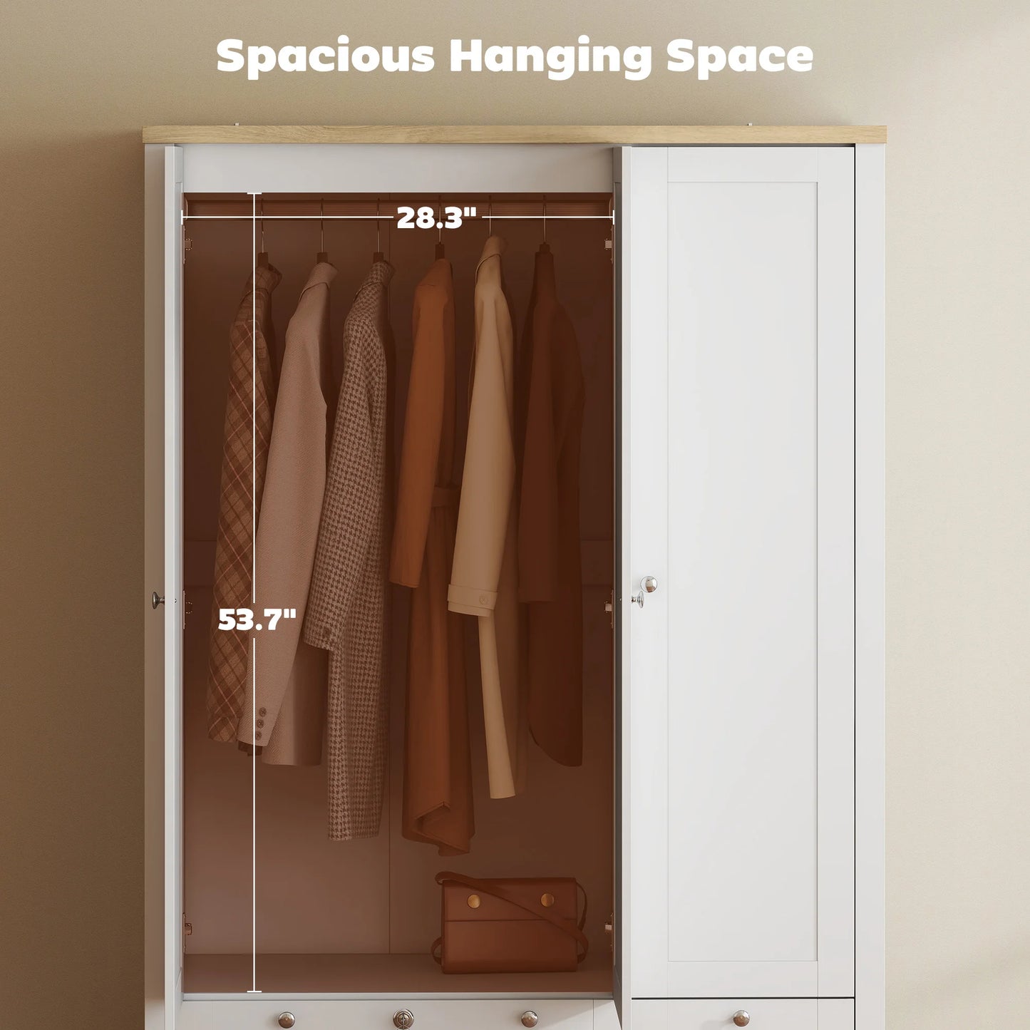 Homcom 3-Door Wardrobe Closet with 2 Drawers, 69" Clothing Storage Cabinet with Lockable Large Drawer, Hanging Rod and Storage Shelves for Bedroom, Wardrobe Cabinet, White
