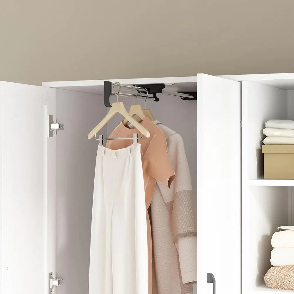 Wardrobe Armoire Wooden Closet with Mirror, 2 Doors, 2 Drawers, 4 Open Storage Cubes and Hanging Rod for Bedroom, White
