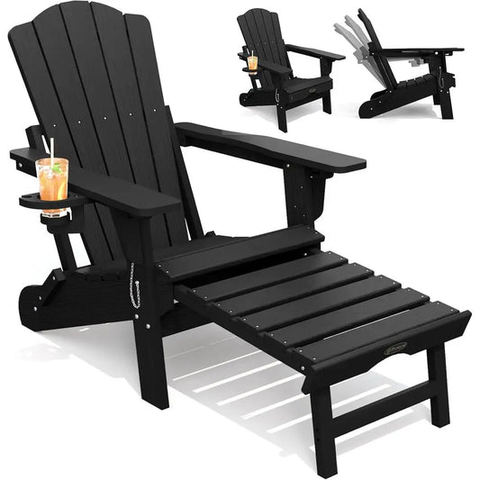 Outdoor Folding Adirondack Chair With Ottoman And Cup Holder