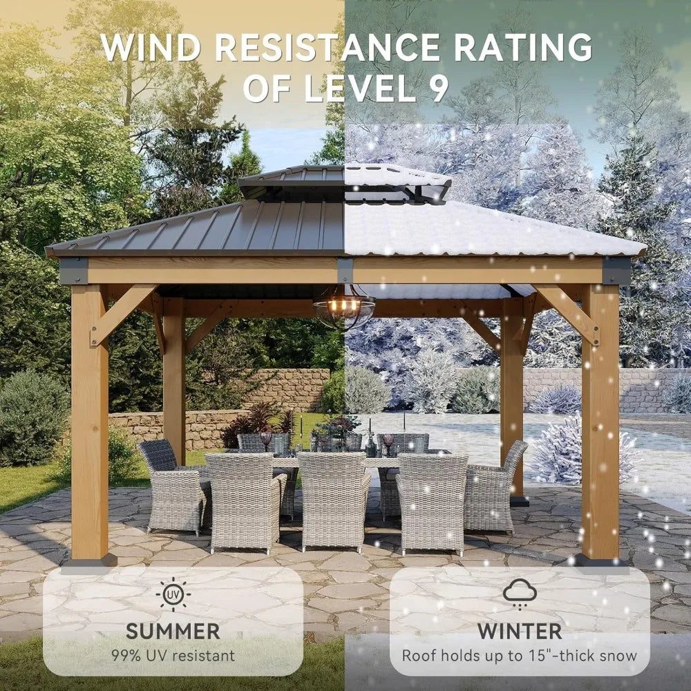 10x12 Outdoor Wooden Gazebo Hardtop Galvanized Steel Double Roof Patio Garden Deck Cedar Natural Custom