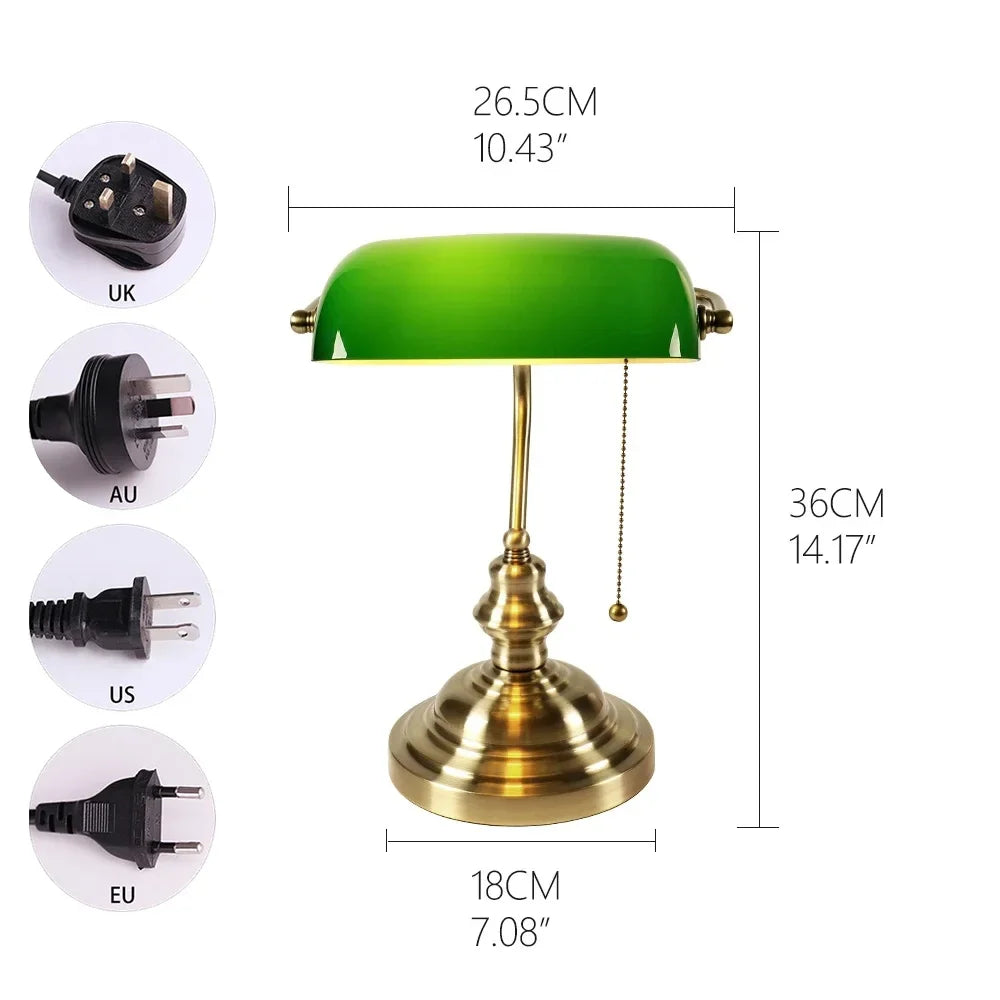 Newrays Glass Banker Desk Lamp With Zipper Switch Iron Base