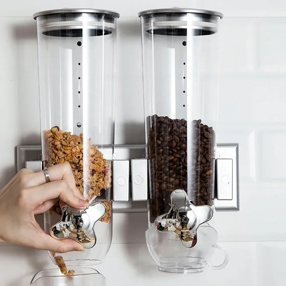Dual Control Food Dispensers Wall Mount Double Dry Cereal Dispenser for Cereal Nuts Coffee Beans Mix Convenient Storage