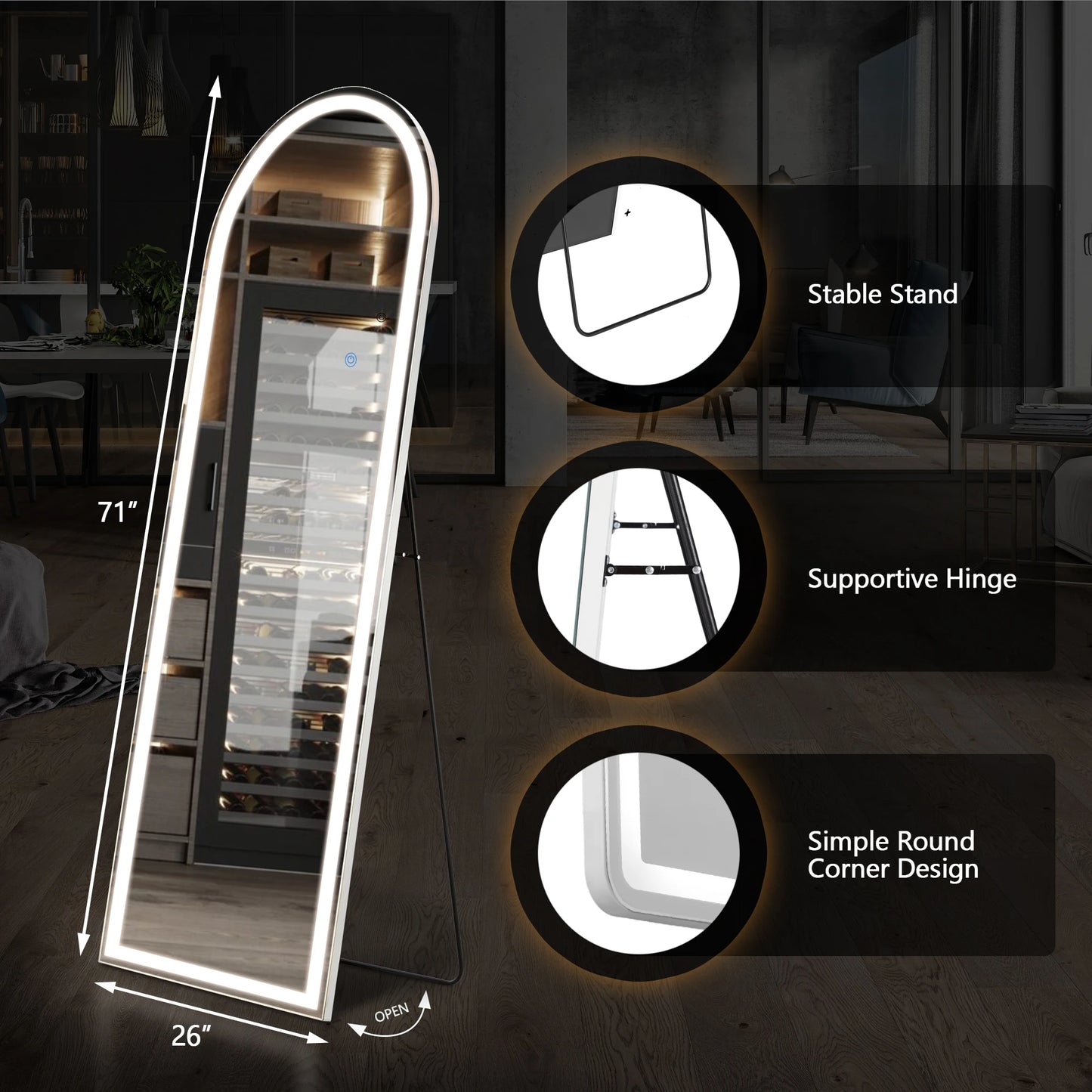 JHK 71"x26" Led Dimming Full Length Mirror 3 Color Lighting Aluminum Alloy Frame Standing Hanging Floor Mirrors For Living Room