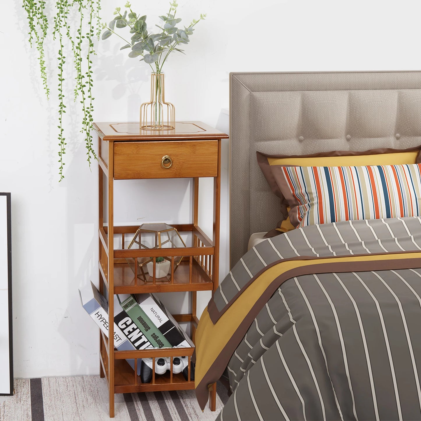 LUVODI Multifunctional Bamboo Bedside Table Drawer Nightstand