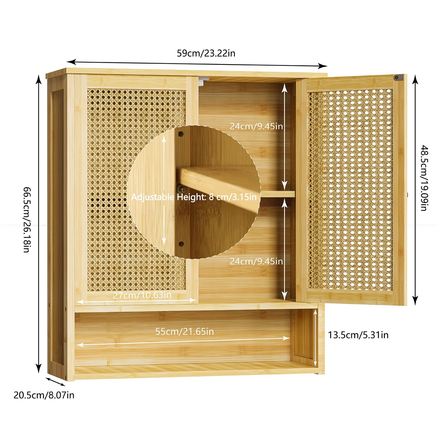 Bamboo Wall Cabinet Over Toilet With 3 Shelves And 2 Doors