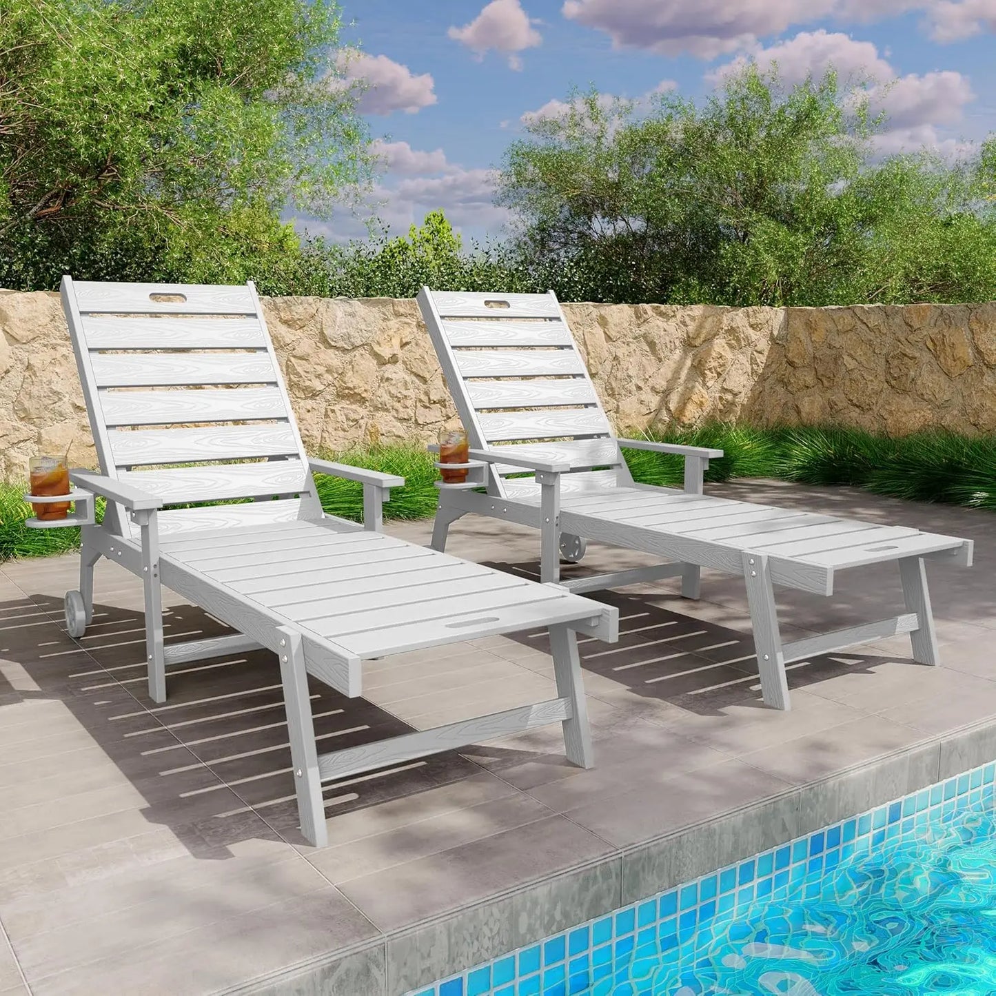 5-Level Adjustable All-Weather Outdoor Chaise Lounge Set of 2 with Cup Holders & Wheels for Patio Beach Deck, Custom