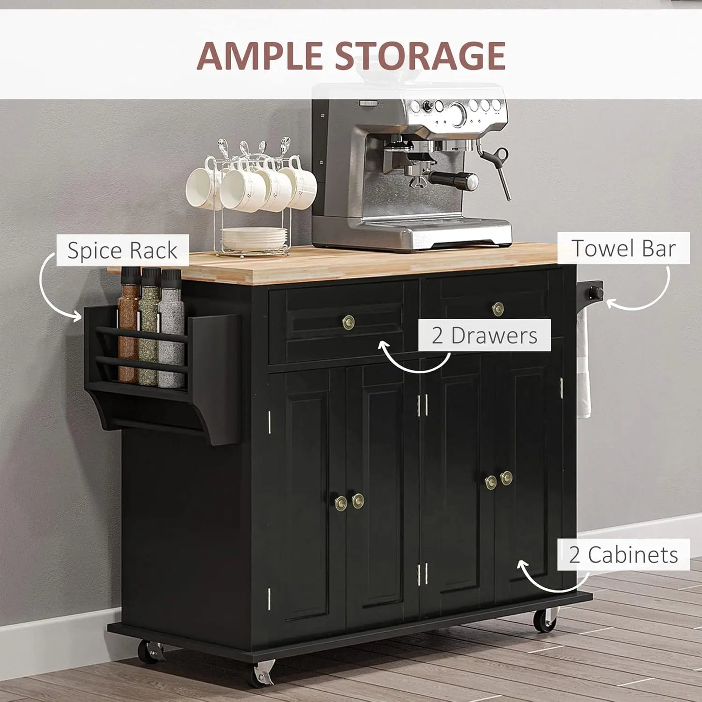 Kitchen Island Cart with Solid Wood Top, 44" Mobile Kitchen Island Table on Wheels with Storage Cabinets, 2 Drawers