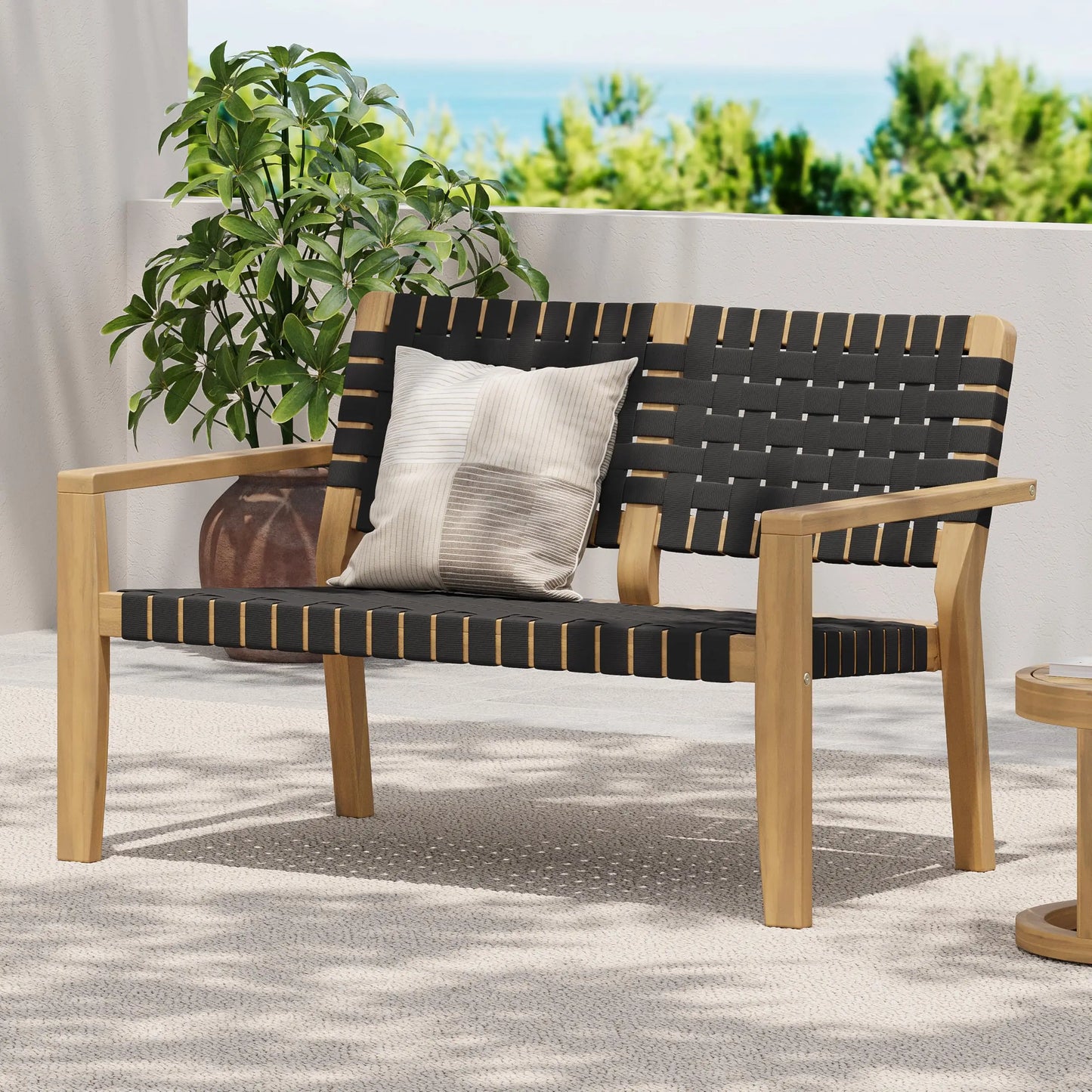 Outdoor Two-Person Bench Featuring Acacia Wood Frame And White Woven Rope Seating For Patio Garden Balcony Use