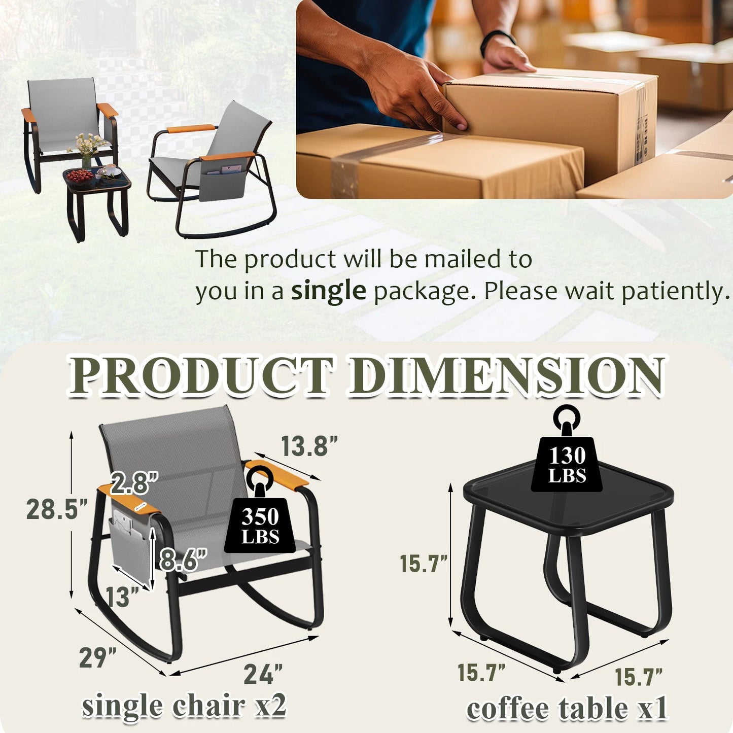 3-Piece All-Weather Outdoor Bistro Conversation Set,Breathable Textilene Rocking Chairs with Wide Armrests & Side Storage Pockets, All-Weather Furniture with Glass Side Table for Backyard