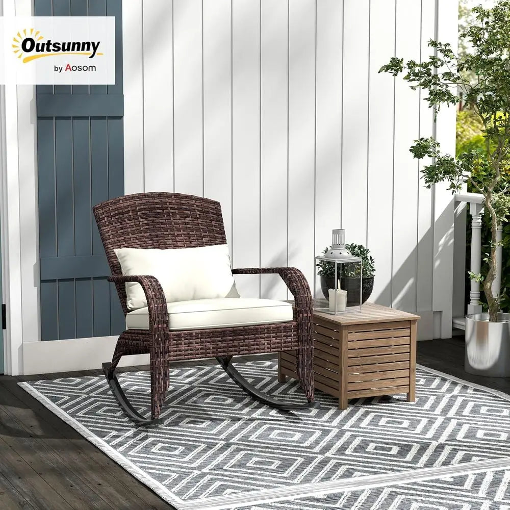 Outdoor Wicker Rocking Chair With Cushion And Pillow