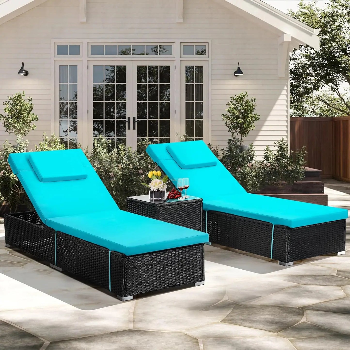All-Weather Wicker Adjustable Chaise Lounge Set w/ Side Table Washable Cushion for Patio Pool Beach 2pcs Light Blue, Custom