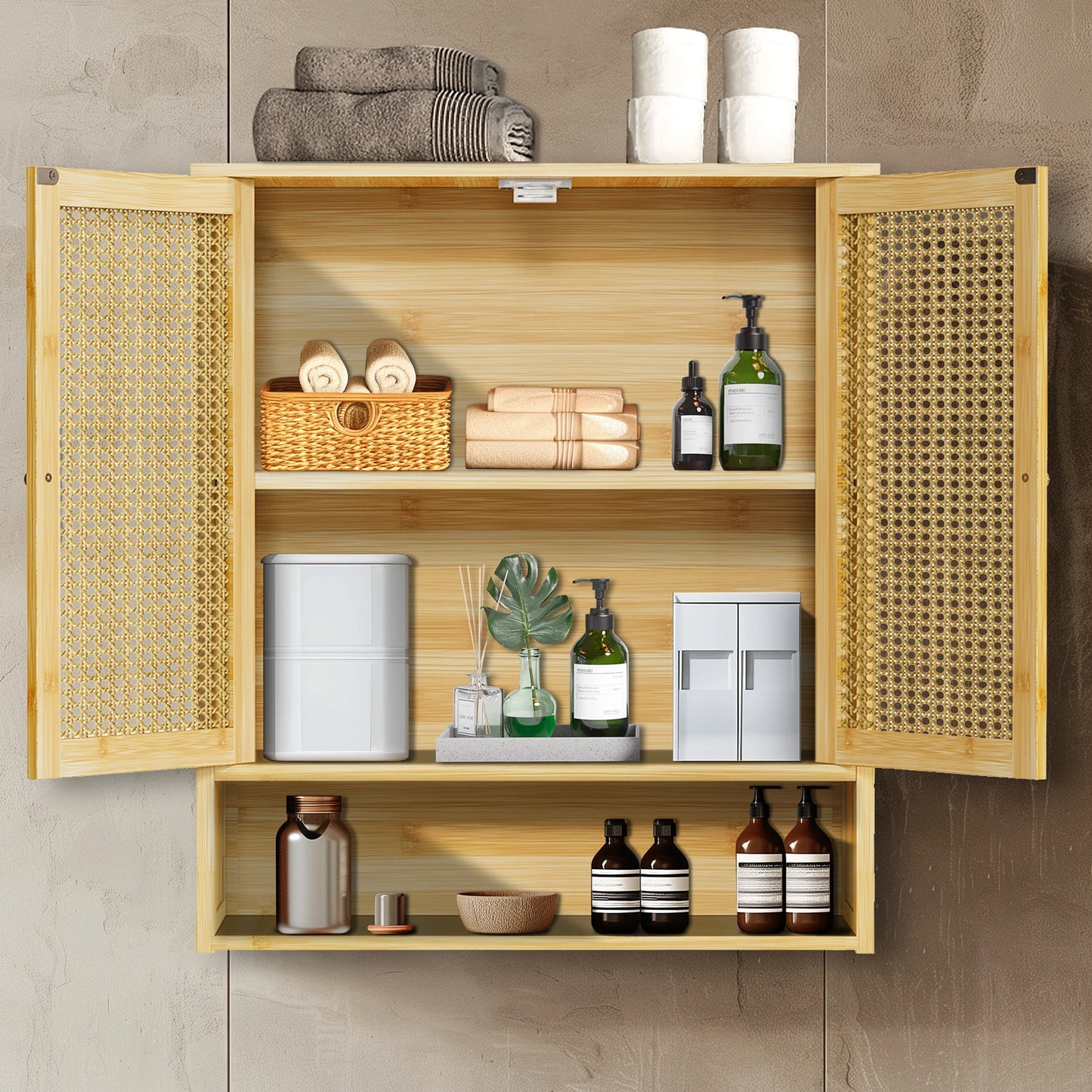 Bamboo Wall Cabinet Over Toilet With 3 Shelves And 2 Doors