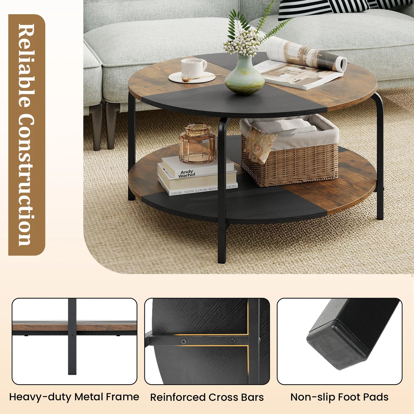 2-Tier Round Coffee Table w/ Storage Shelf, Metal Frame for Living Room Apartment