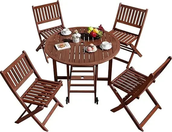 BestsellerDurability outdoor acacia wood 5-piece patio dining set with folding round table and chairs for backyard, balcony, and