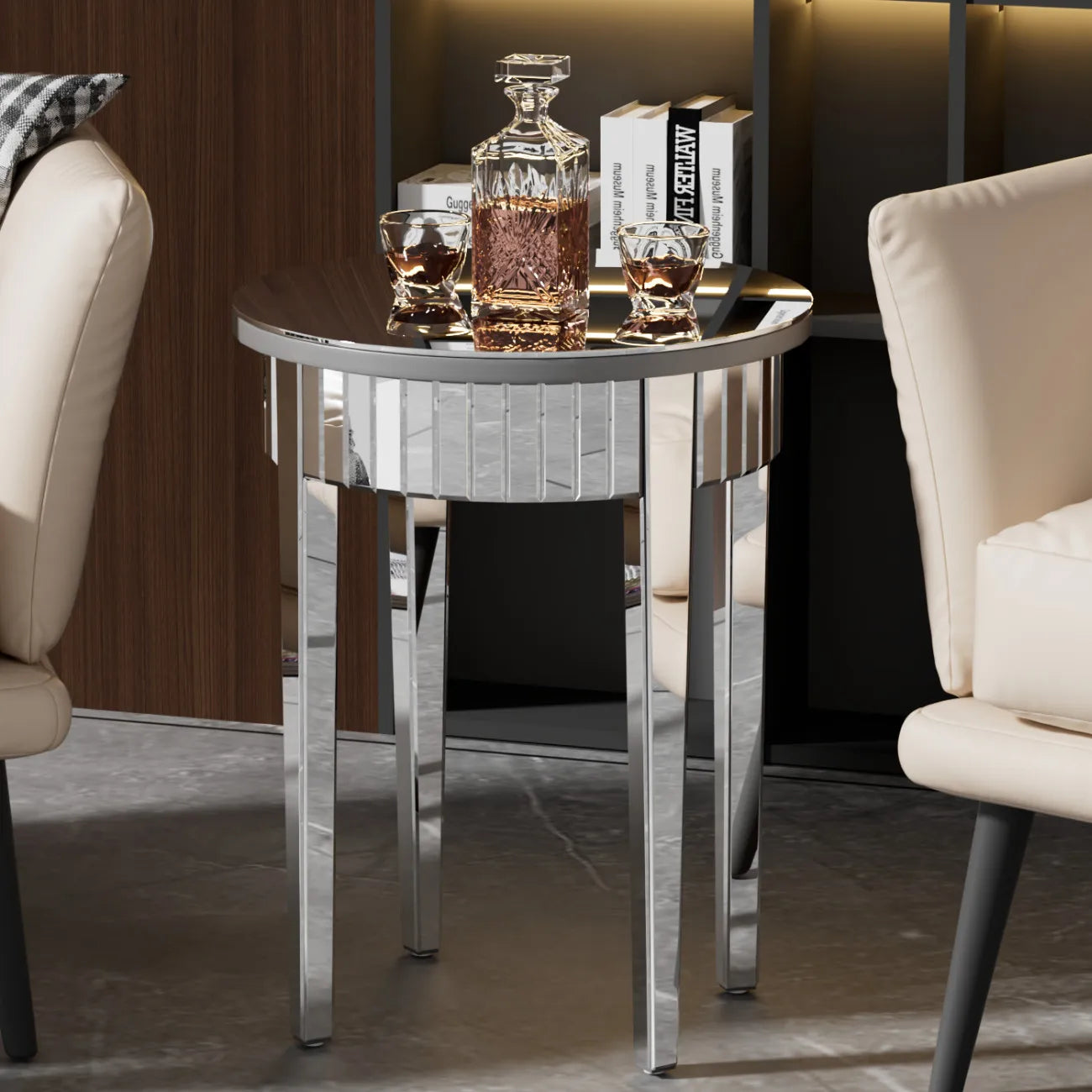 Round Mirrored Side Table Modern Glass Accent For Living Room