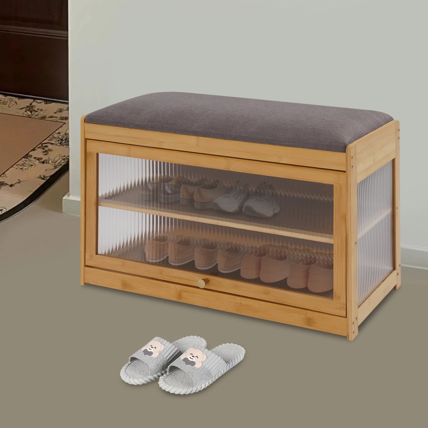 27.6 Inch Length Shoe Rack Bench, 2-Tier Shoe-Changing Bench, Shoe Bench with Cushion, for Hallways, Entrances, 70 x 32 x 42 cm