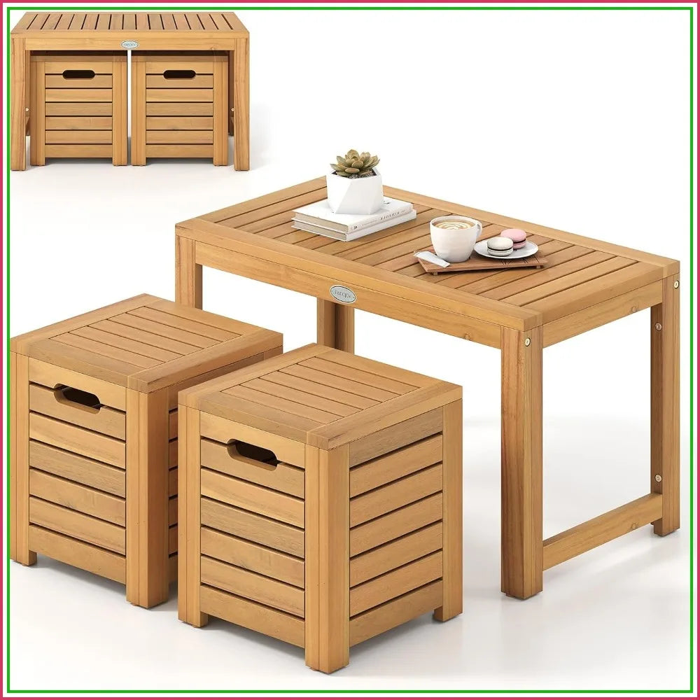 Acacia Wood Outdoor Patio Coffee Table With Stools Hidden Storage