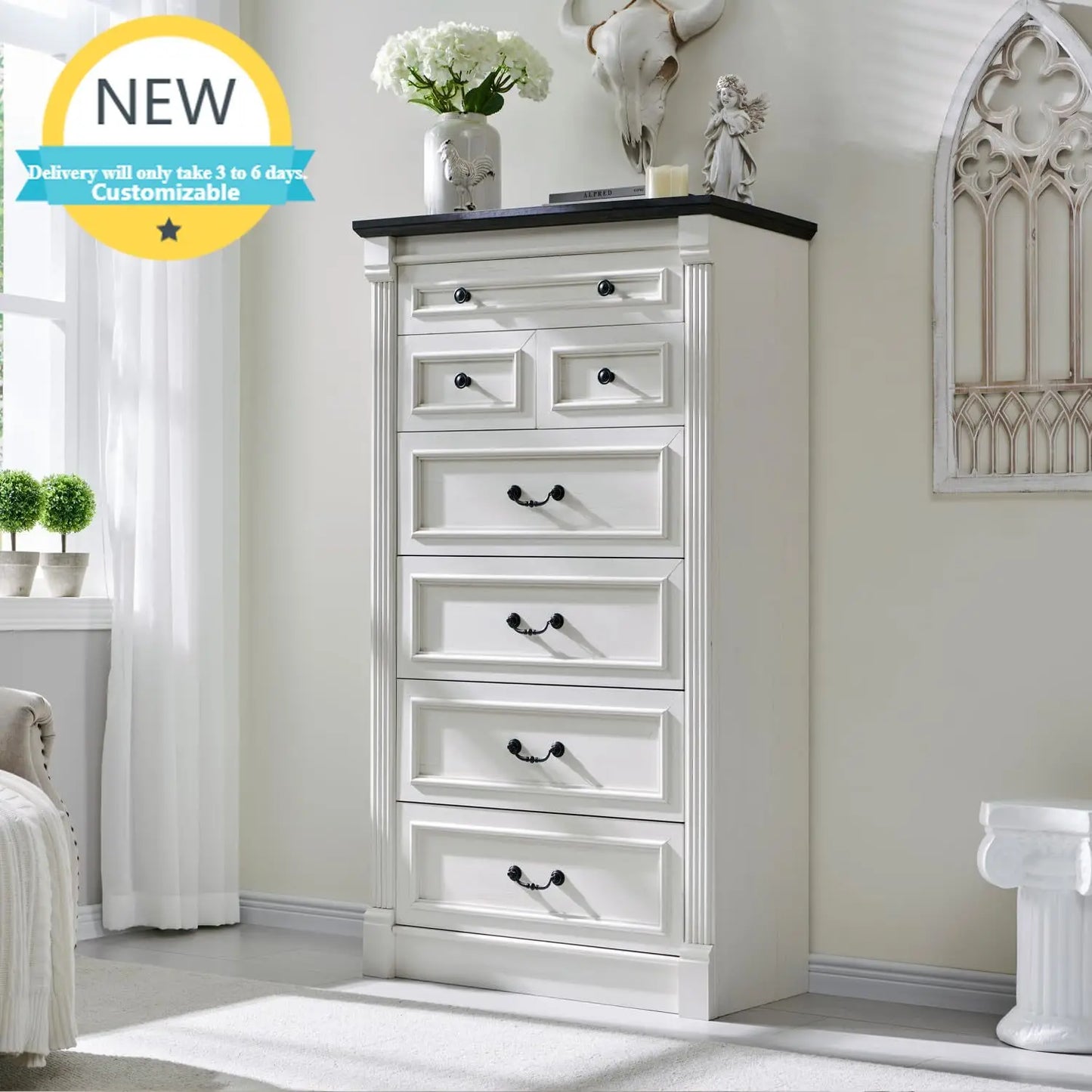 Farmhouse 7 Drawers Dresser for Bedroom, 57" Tall Dressers & Chests of Drawers w/Roman Column, Large Storage Dressers