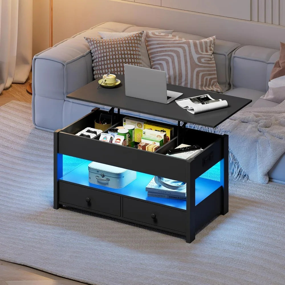 Lift Top Coffee Table With Drawers And LED Light Storage