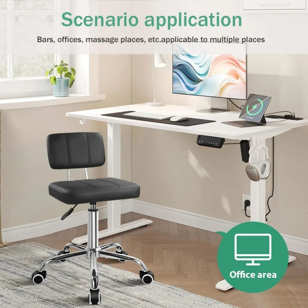 Square Swivel Stool with Back Wheels Adjustable Height for Office Home Work Spa Black
