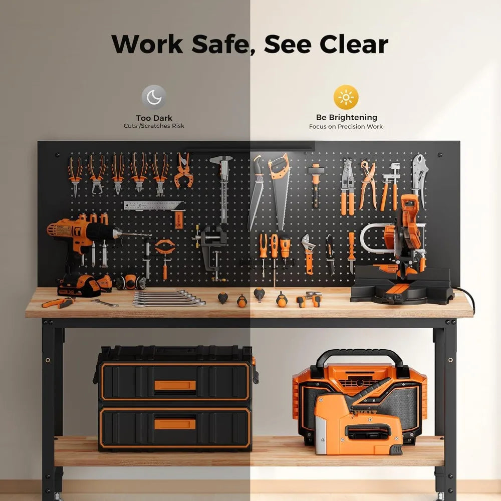 60" Adjustable Workbench with Storage Shelf, LED Light & Power Strip - 2000LBS Capacity