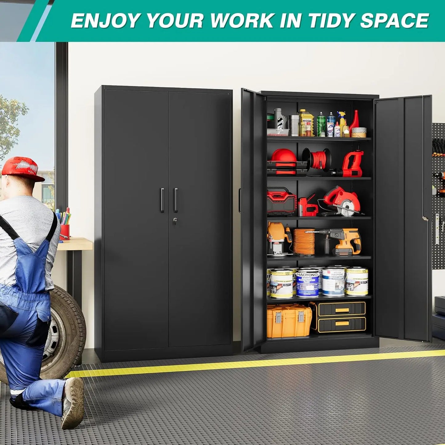Metal Storage Cabinet with 2 Doors and 6 Shelves Black Metal Cabinet with Lock 71 Lockable Garage Storage Cabinets Locking