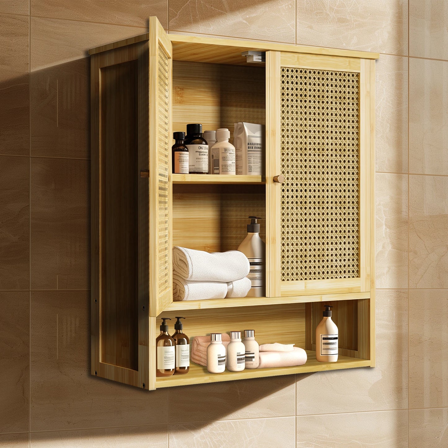 Bamboo Wall Cabinet Over Toilet With 3 Shelves And 2 Doors