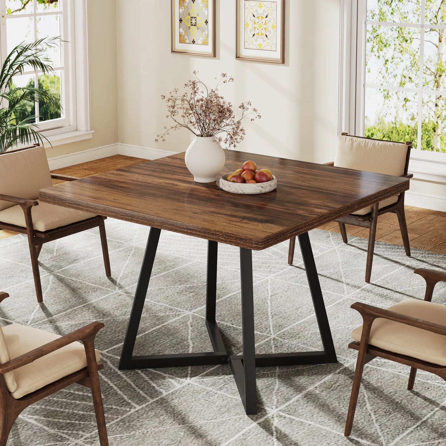 Tribesigns Industrial Square Dining Table With Metal Base Wooden Top