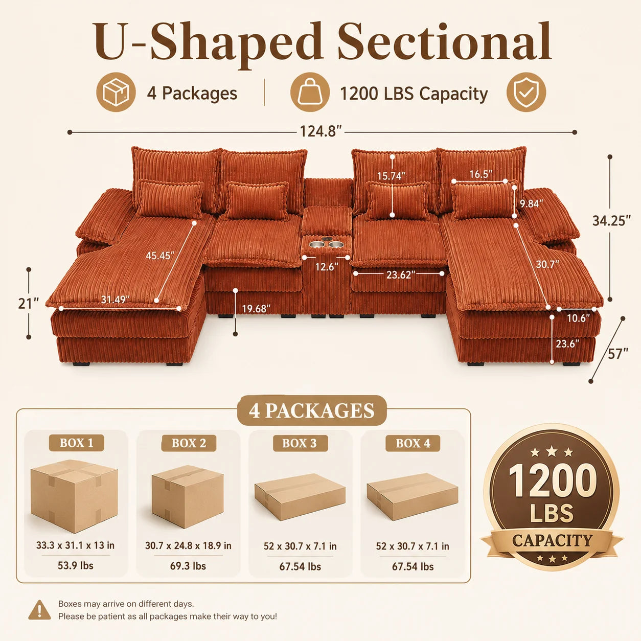 120" 5-Piece U-Shaped Sofa, Modular Sectional with Console & USB Ports, Cloud-Like Corduroy Couch for Living Room or Office